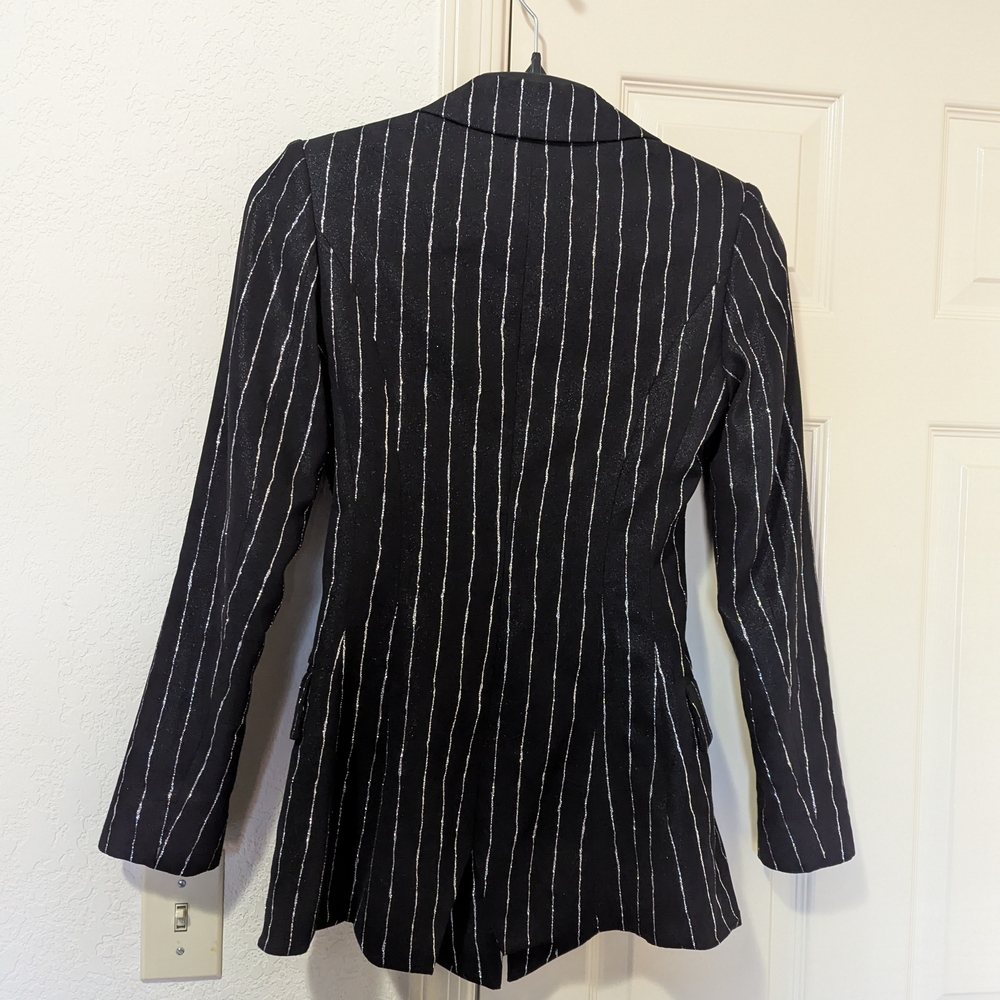 Christian Siriano Designer Black Silver Metallic Pinstripe Blazer Women’s Jacket - Picture 5 of 9